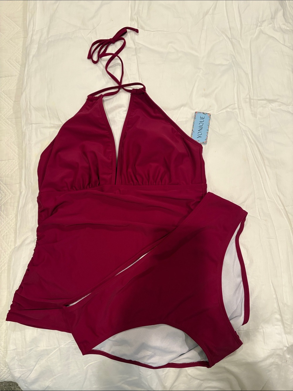 NWT Younique XL Deep Berry Burgundy Halter Tankini Top. Removable Pads. Ruched